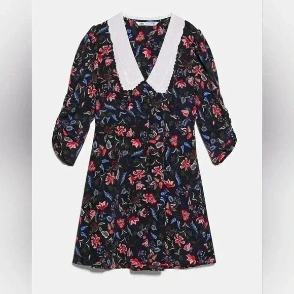 Zara Embroidered Collar Print Dress xxs - Picture 2 of 16